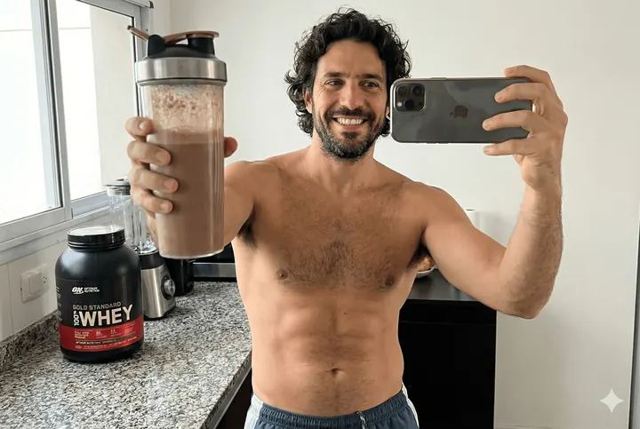 Creator filming a selfie video with a protein shake